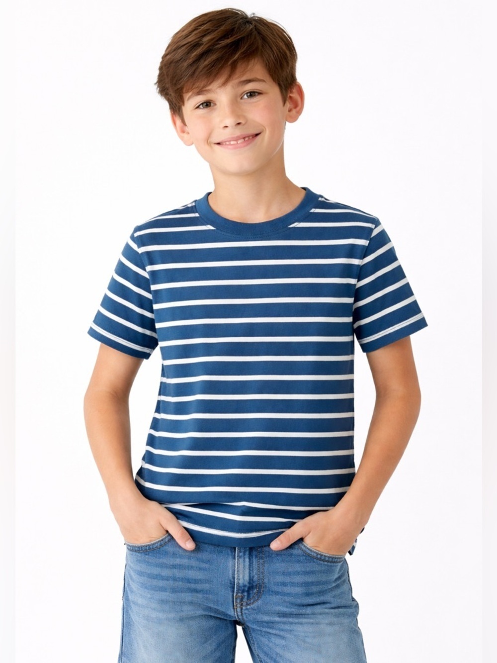 Crewcuts Blue and White Striped Short Sleeve Tee 100% Cotton
